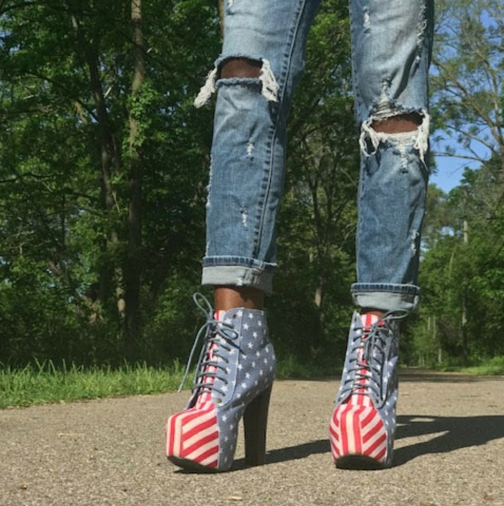 Denim American Flag print platform Booties
